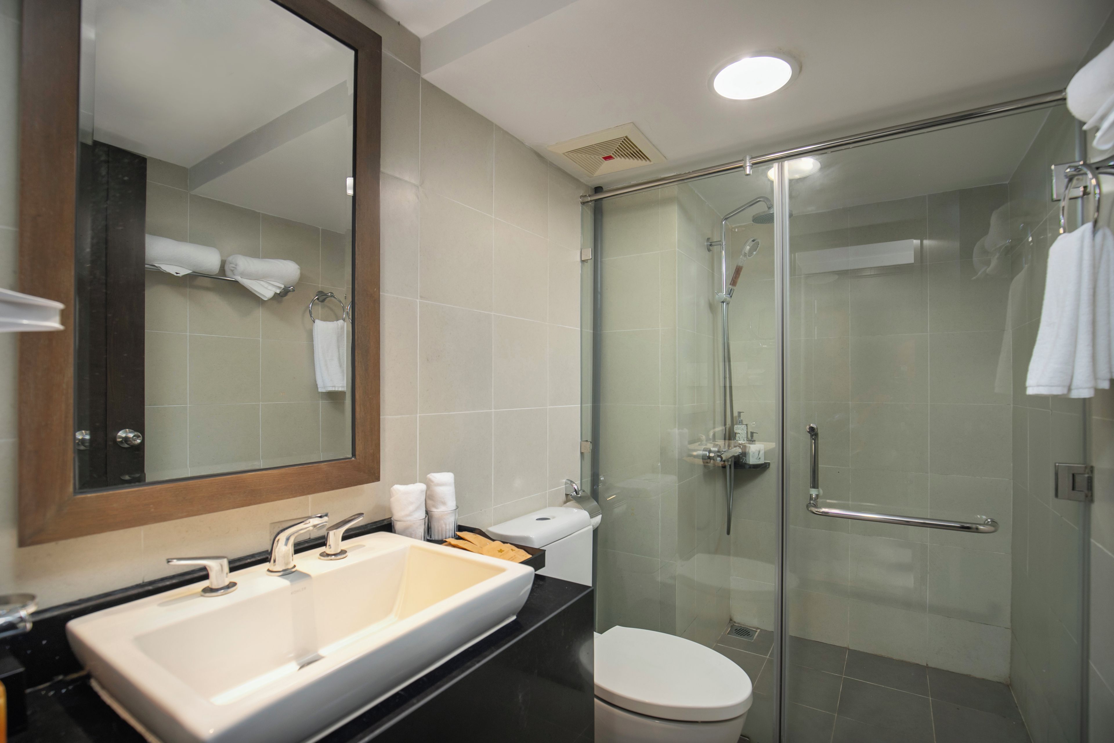 A modern bathroom with a glass-enclosed shower, a sink with a mirror, and a toilet.