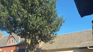 A courtyard with a basketball hoop, outdoor seating, and a statue. - Getaway & wellness accommodation Massage Jacuzzi Sauna (Ravenel)