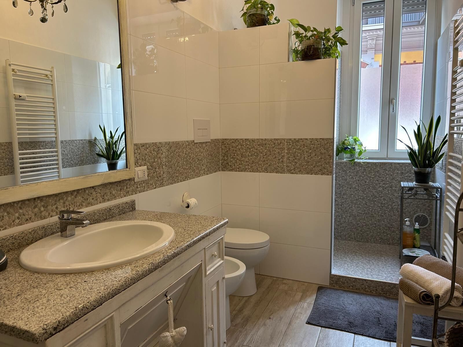 Un baño con lavamanos de encimera de granito, inodoro, zona de ducha y un pequeño estante con plantas.
