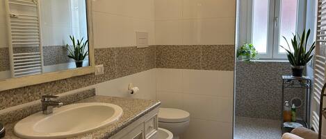 Un baño con lavamanos de encimera de granito, inodoro, zona de ducha y un pequeño estante con plantas.