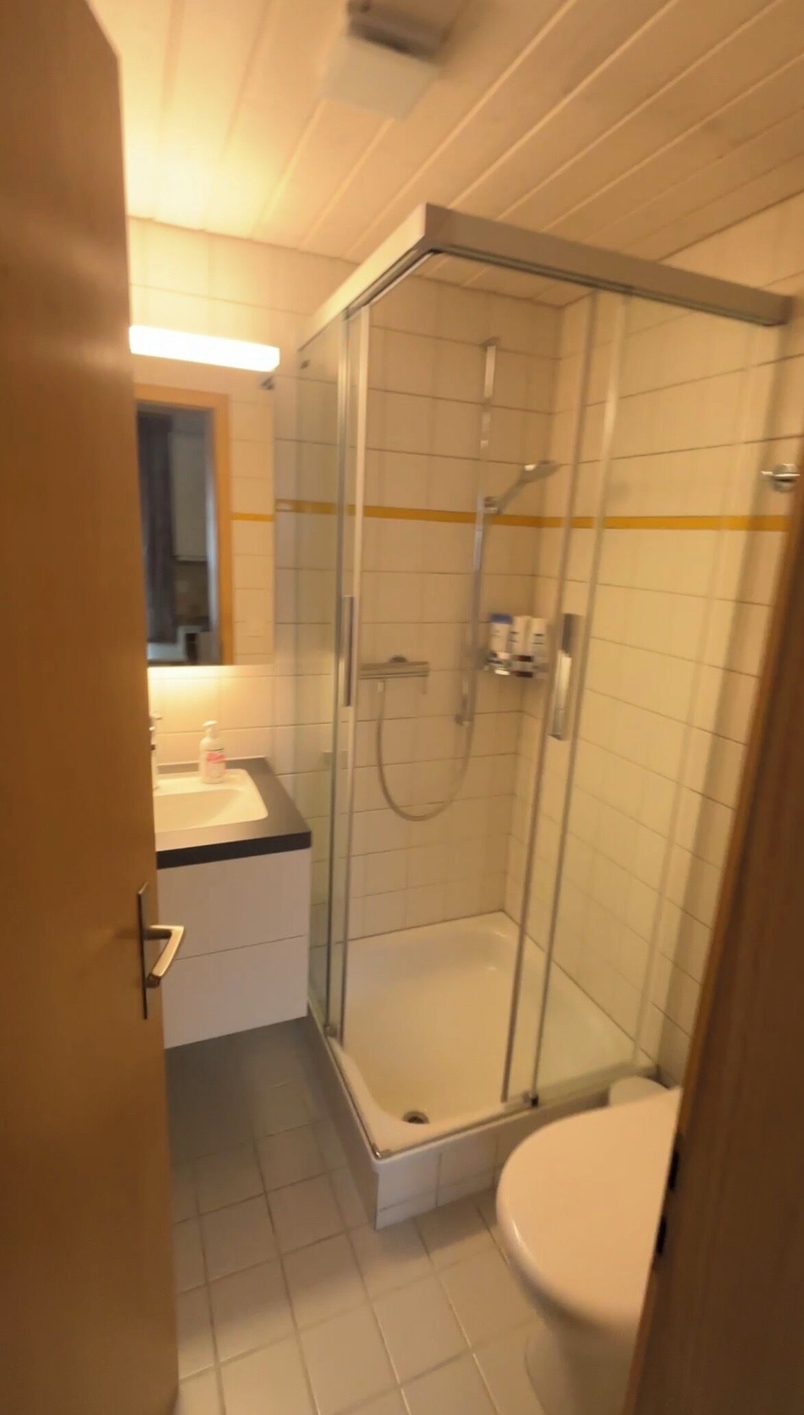 Et badeværelse med bruseniche, håndvask med spejl og toilet.