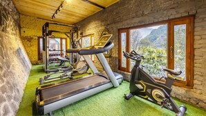 A gym with treadmills, elliptical machines, and weight equipment, featuring a rustic brick wall and large windows.