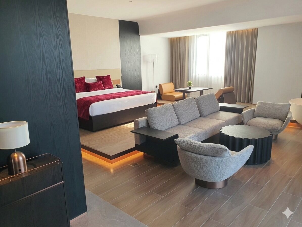A modern hotel room with a bed, grey sofa, armchairs, a small table, and a lamp.