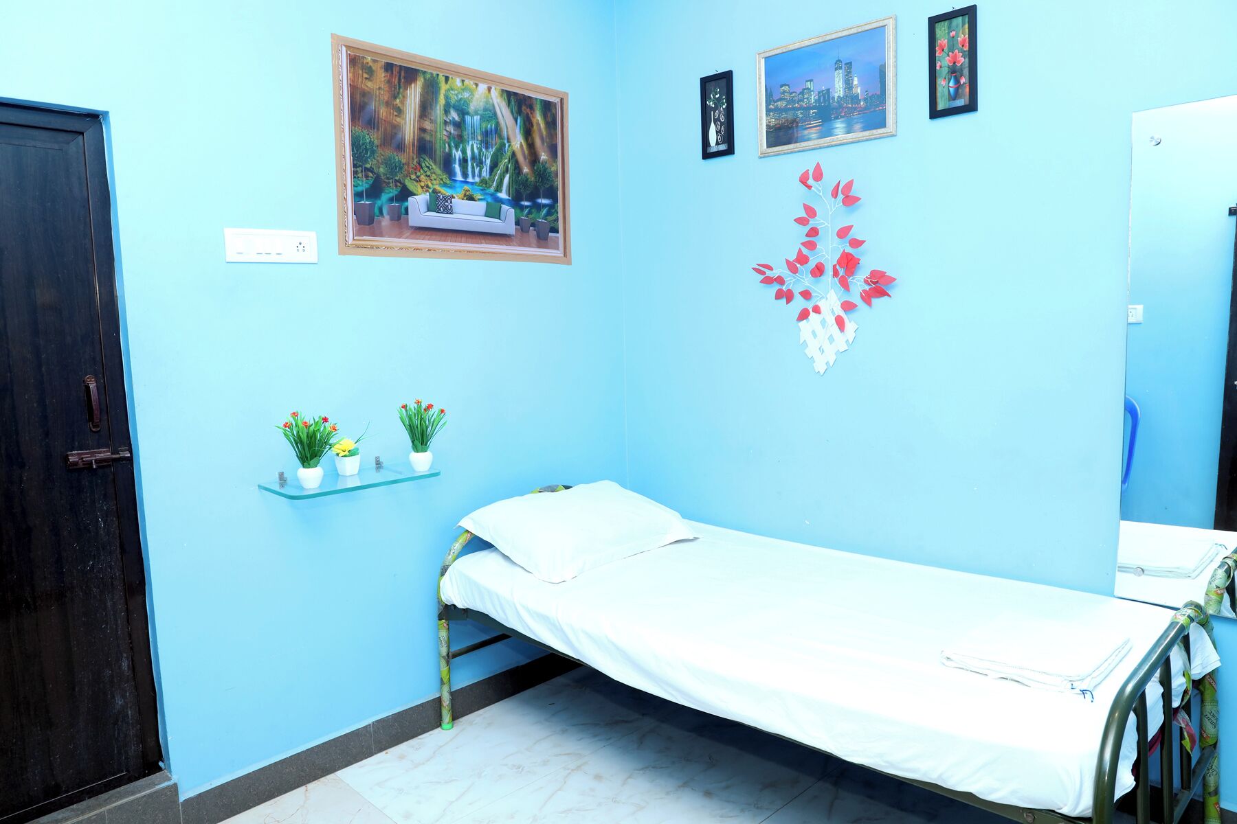 A room with a bed, a wall-mounted shelf with potted plants, a painting, and a decorative wall piece.