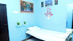 A room with a bed, a wall-mounted shelf with potted plants, a painting, and a decorative wall piece. - Akshaya Mahal A/C Rooms (Anapirandan)
