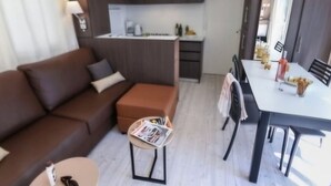 A modern living room with a brown sofa, a small round table with magazines, and a dining area with a white table and chairs. - Mobile home, AC, pets welcome - 6 guests (Saint-Cyprien)