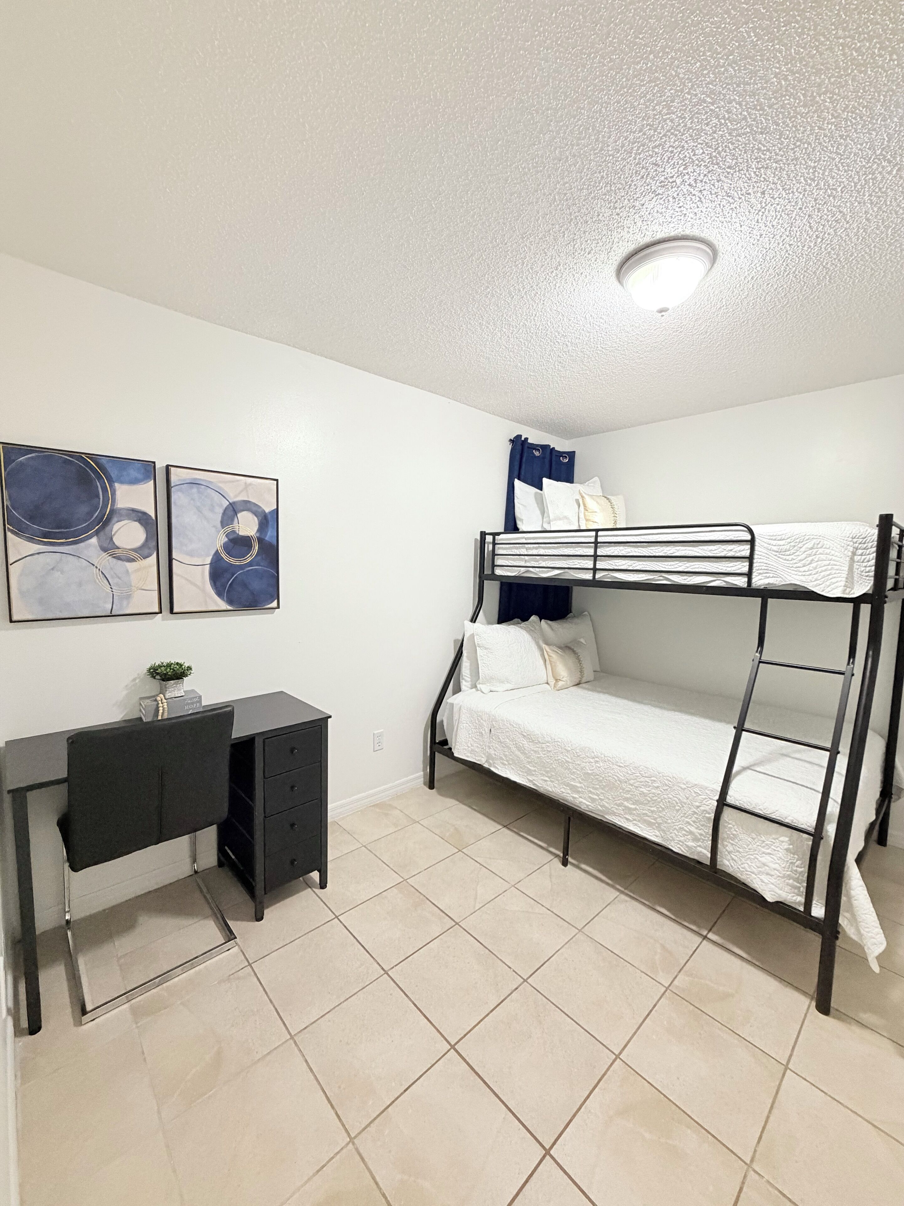 A bunk bed with a desk and chair, a small plant, and two abstract wall art pieces.
