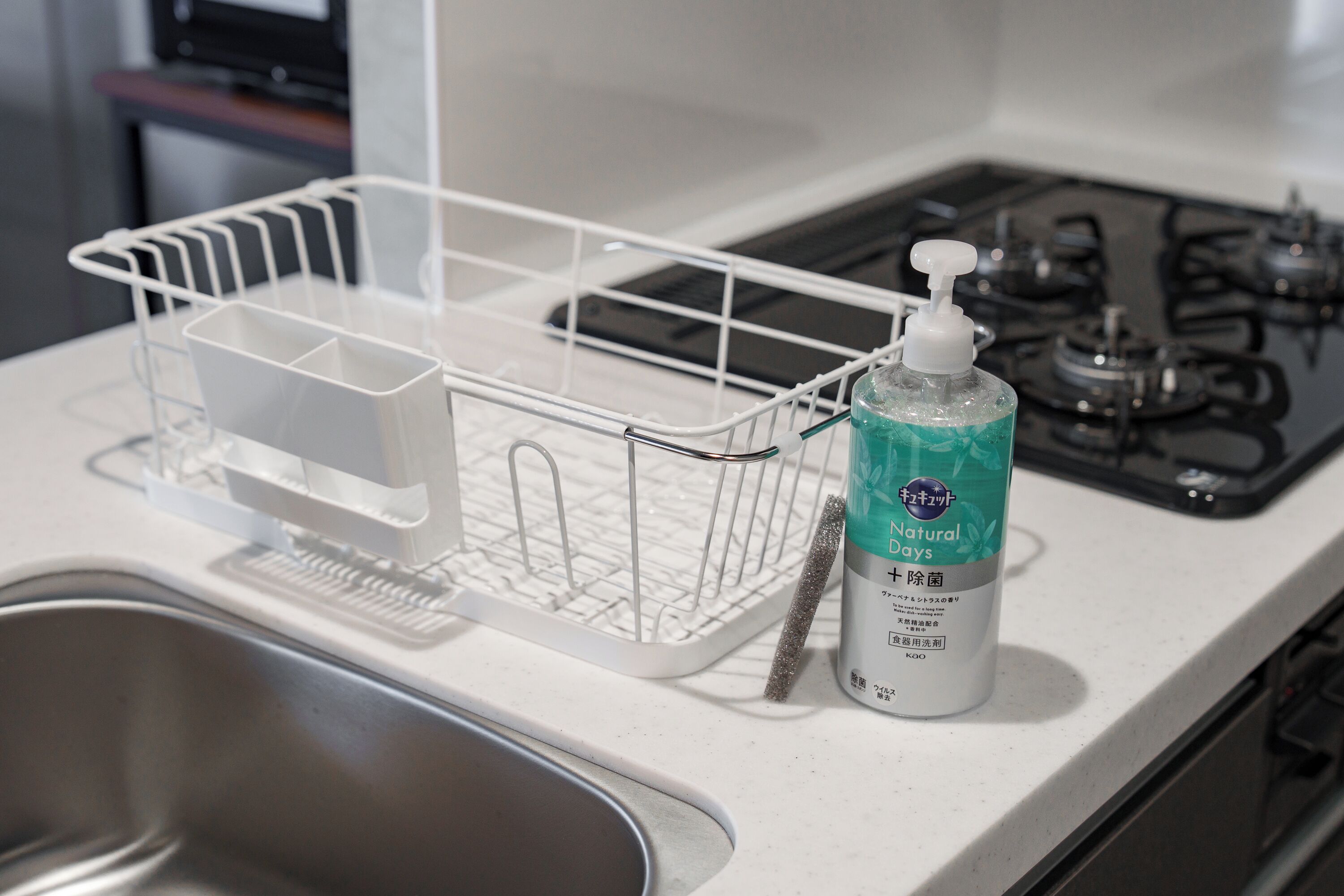 A kitchen counter with a dish rack, a bottle of hand soap, and a stove.