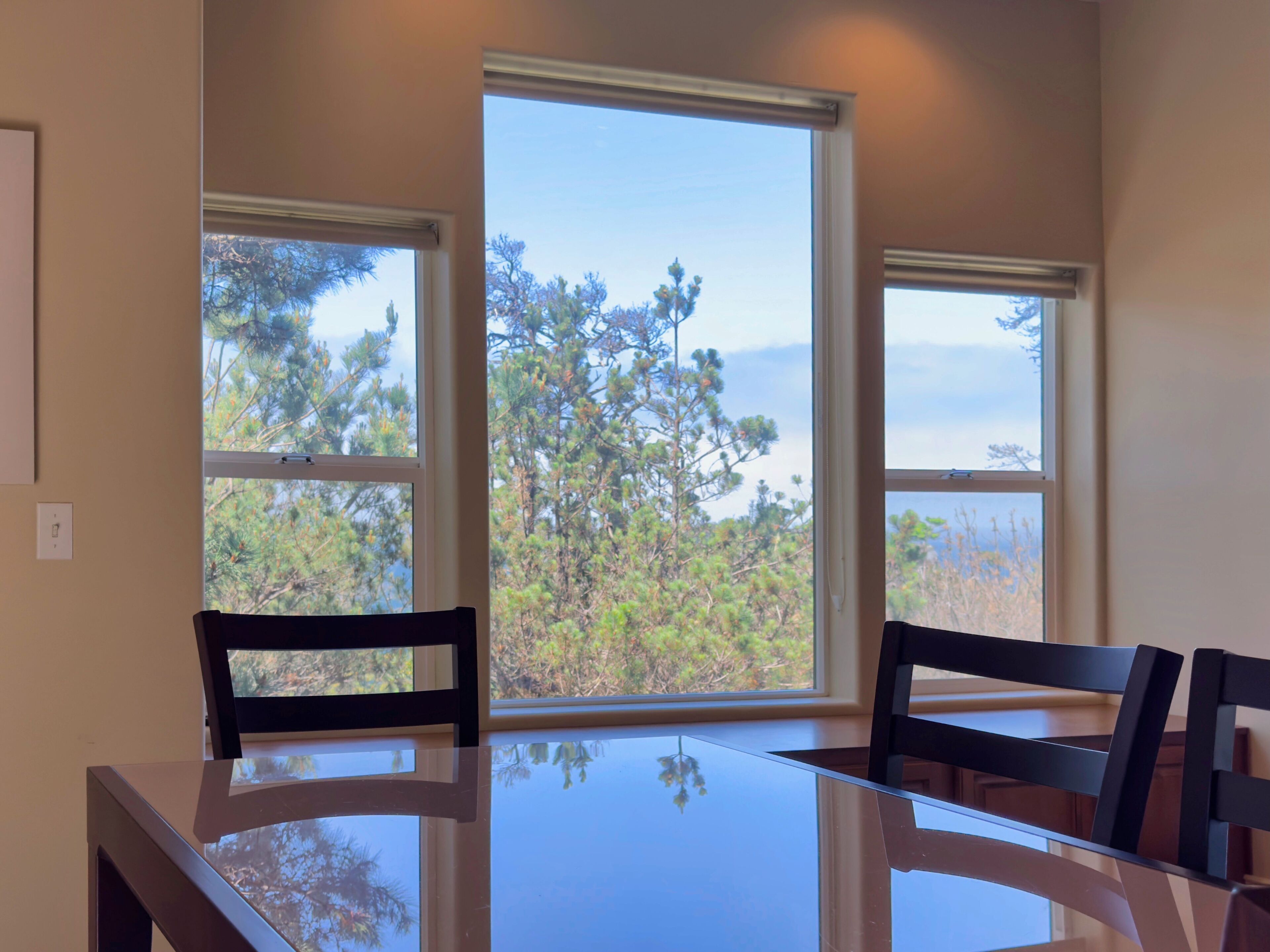 Un coin repas avec une table et des chaises en verre, de grandes fenêtres offrant une vue sur les arbres et les montagnes.