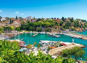 Une ville côtière dotée d’un port de plaisance, de bâtiments historiques et d’une végétation luxuriante.