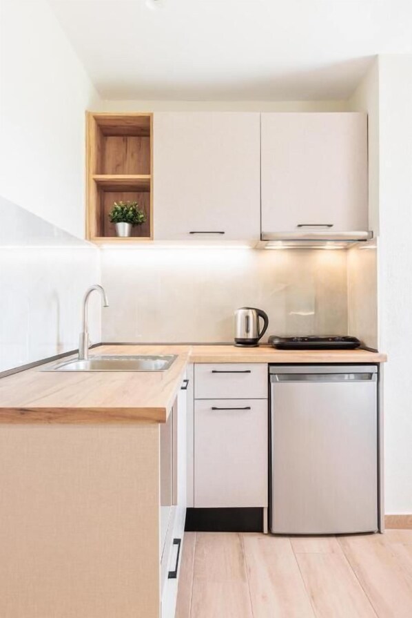 A compact kitchen with a sink, stove, and dishwasher, wooden cabinets, and a small shelf with a plant.