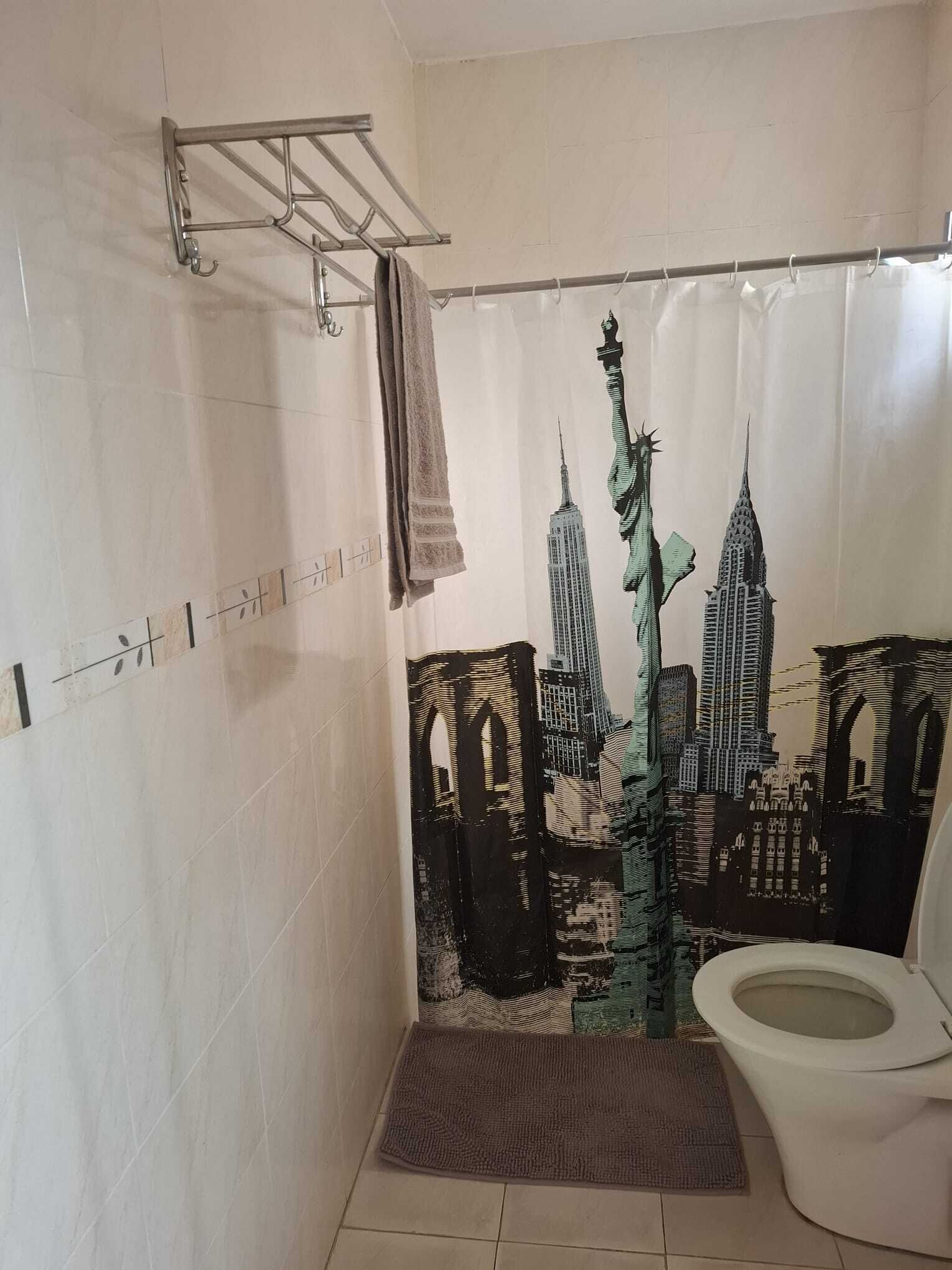 Baño con ducha, inodoro y toallero.