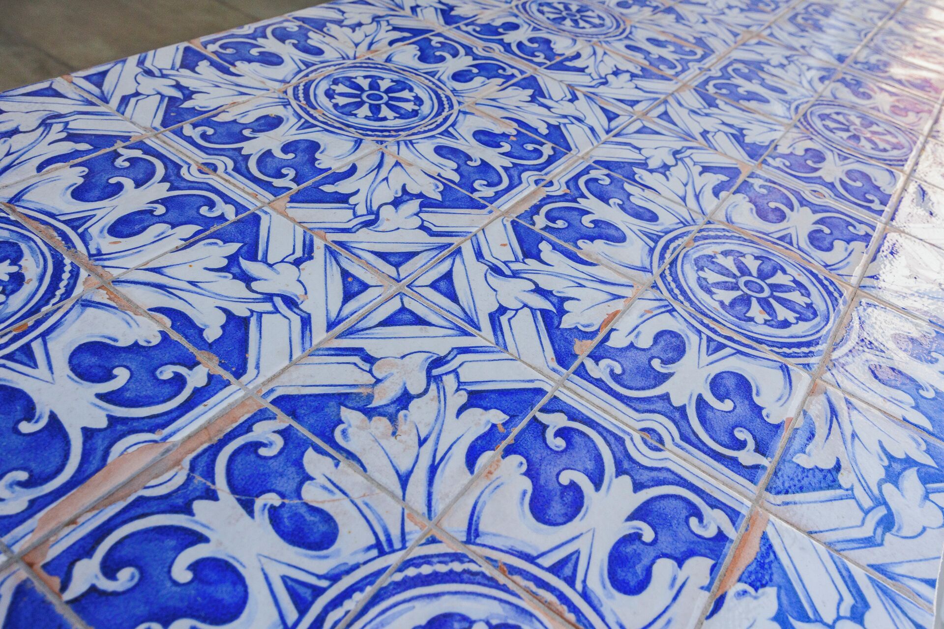 Un primo piano di un pavimento in piastrelle blu e bianche con motivo decorativo.