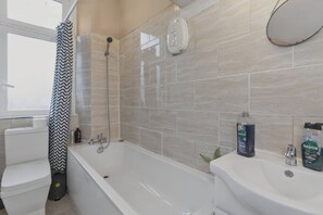 Hair dryer, towels, soap, toilet paper