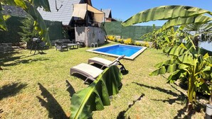 Een achtertuin met een zwembad, tuinmeubels en weelderige begroeiing.
