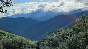 Paesaggio montuoso con vegetazione rigogliosa e cielo sereno.