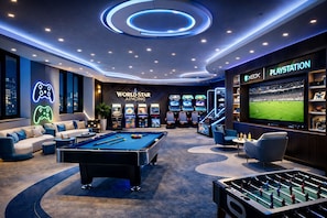 A modern gaming lounge with pool tables, arcade machines, and a large TV screen.