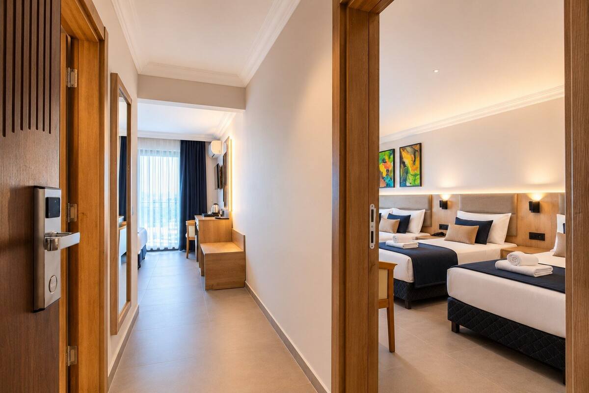 A hotel room with two beds, a desk, a chair, and a view of the city.