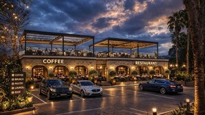 A two-story building with a coffee shop and restaurant on the ground floor, featuring outdoor seating and a covered area. - World Star Beach Resort & Spa (Alanya)
