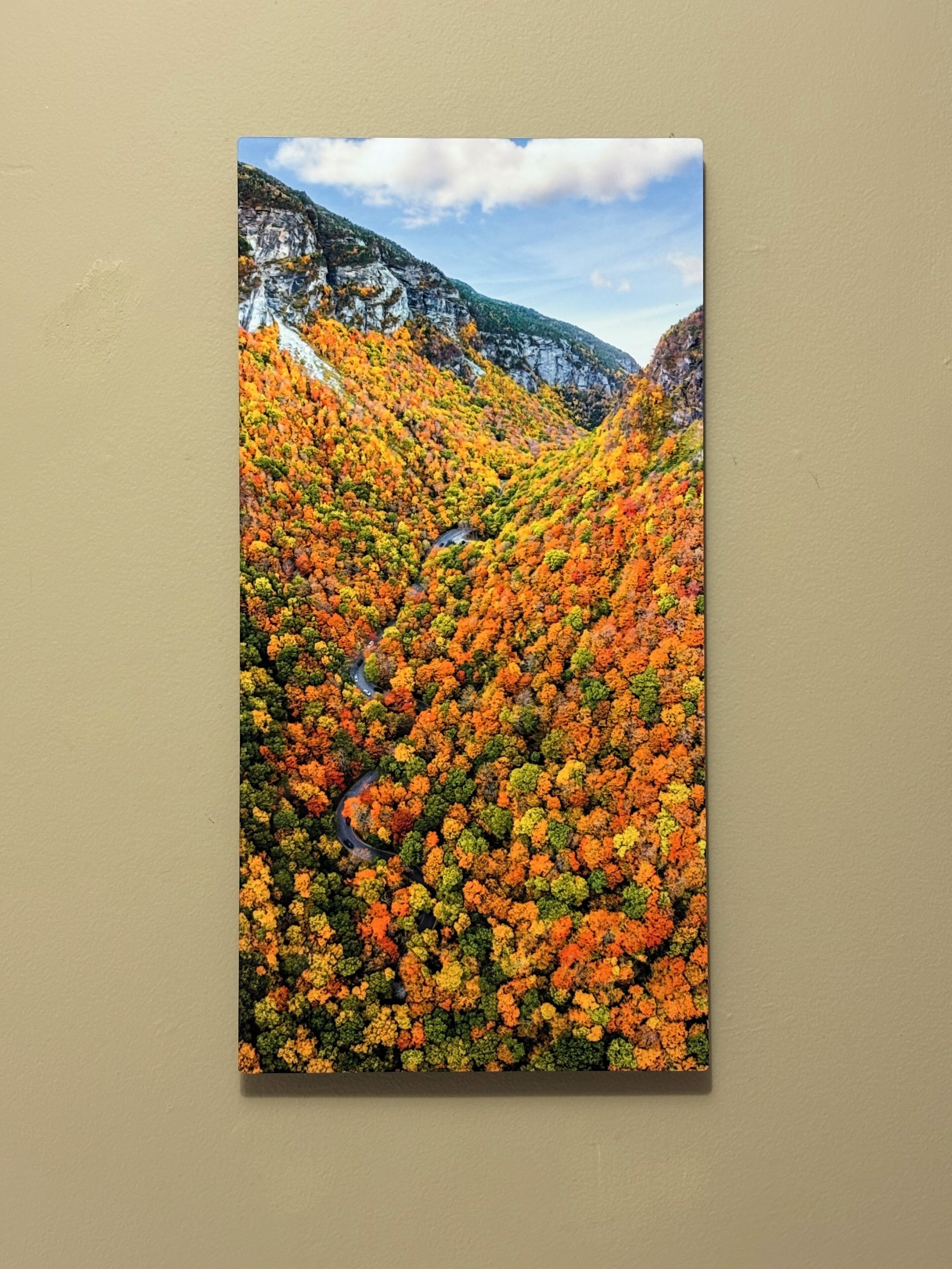 A mountain landscape with autumn foliage and a winding road.