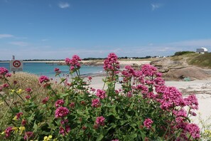 Nära stranden och solstolar