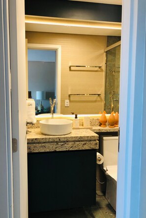 A bathroom with a white sink, a mirror, a towel, and a toilet. - Açores Tamandaré: high standards and comfort by the sea. (Tamandaré)