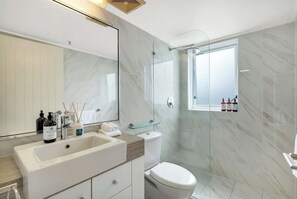 Douche, sèche-cheveux, shampoing
