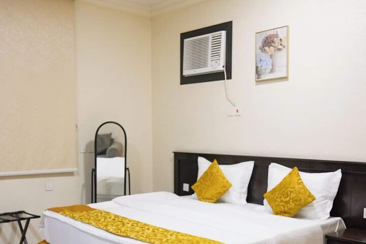 Una habitación de hotel con una cama, una mesita de noche, un espejo y un aire acondicionado instalado en la pared.
