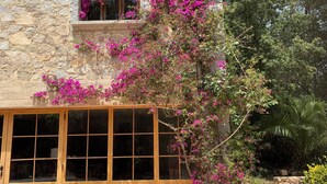 A stone building with a tiled roof, a window with shutters, and a wooden door. - Forest retreat, close to Barcelona and Beaches (Dosrius)