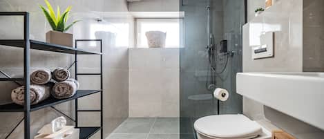 Eco-friendly toiletries, hair dryer, towels, soap