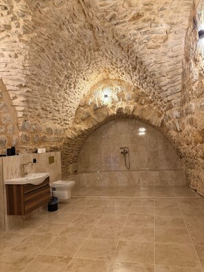 A bathroom with a stone arch, a sink, a toilet, and a shower area. - Rocinante (Mardin)
