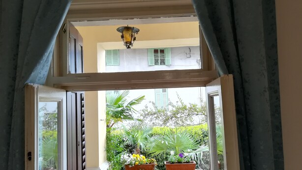 Visão através de uma porta com uma luminária no teto, uma janela com persianas e uma varanda com plantas em vasos.