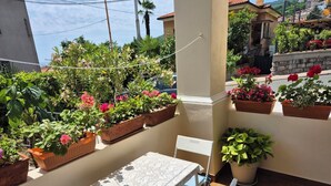 Uma varanda com mesa e cadeiras, rodeada por vasos com plantas e flores.
