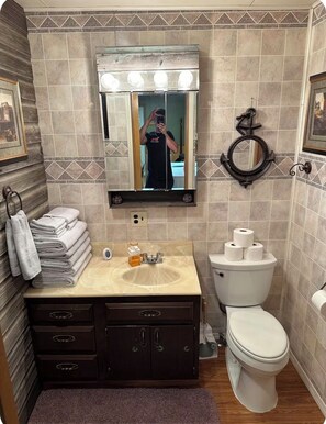 Shower, towels, soap, toilet paper