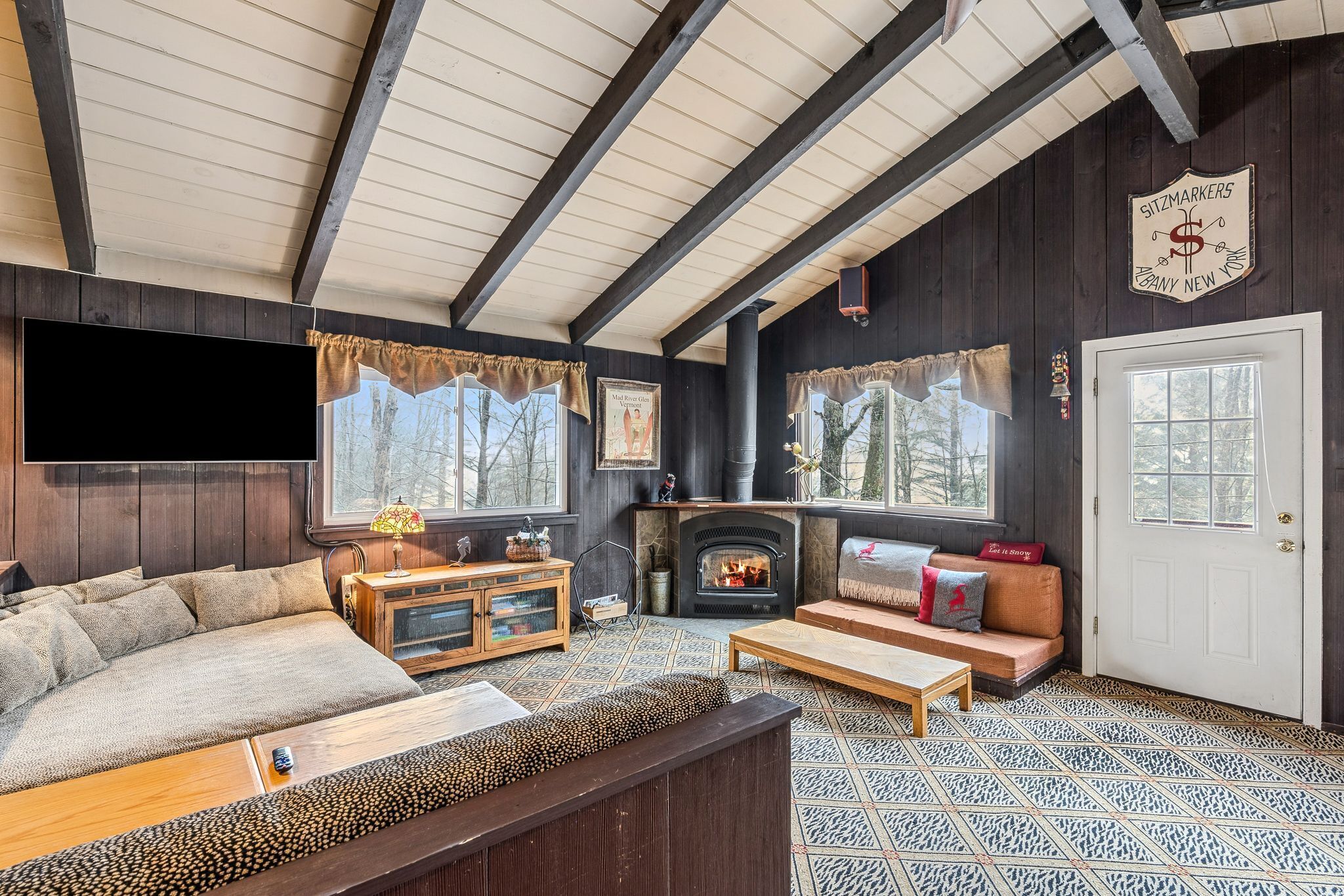 TV, fireplace, books