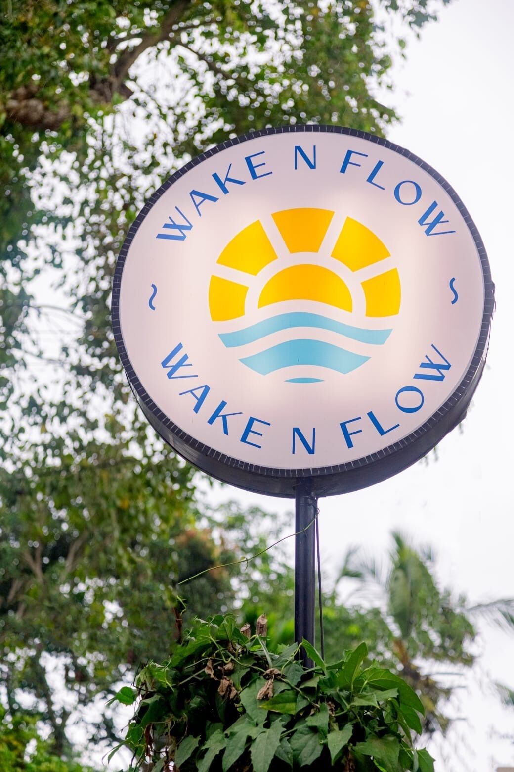 A circular sign with the text 'WAKE N FLOW' and a sun and wave graphic.
