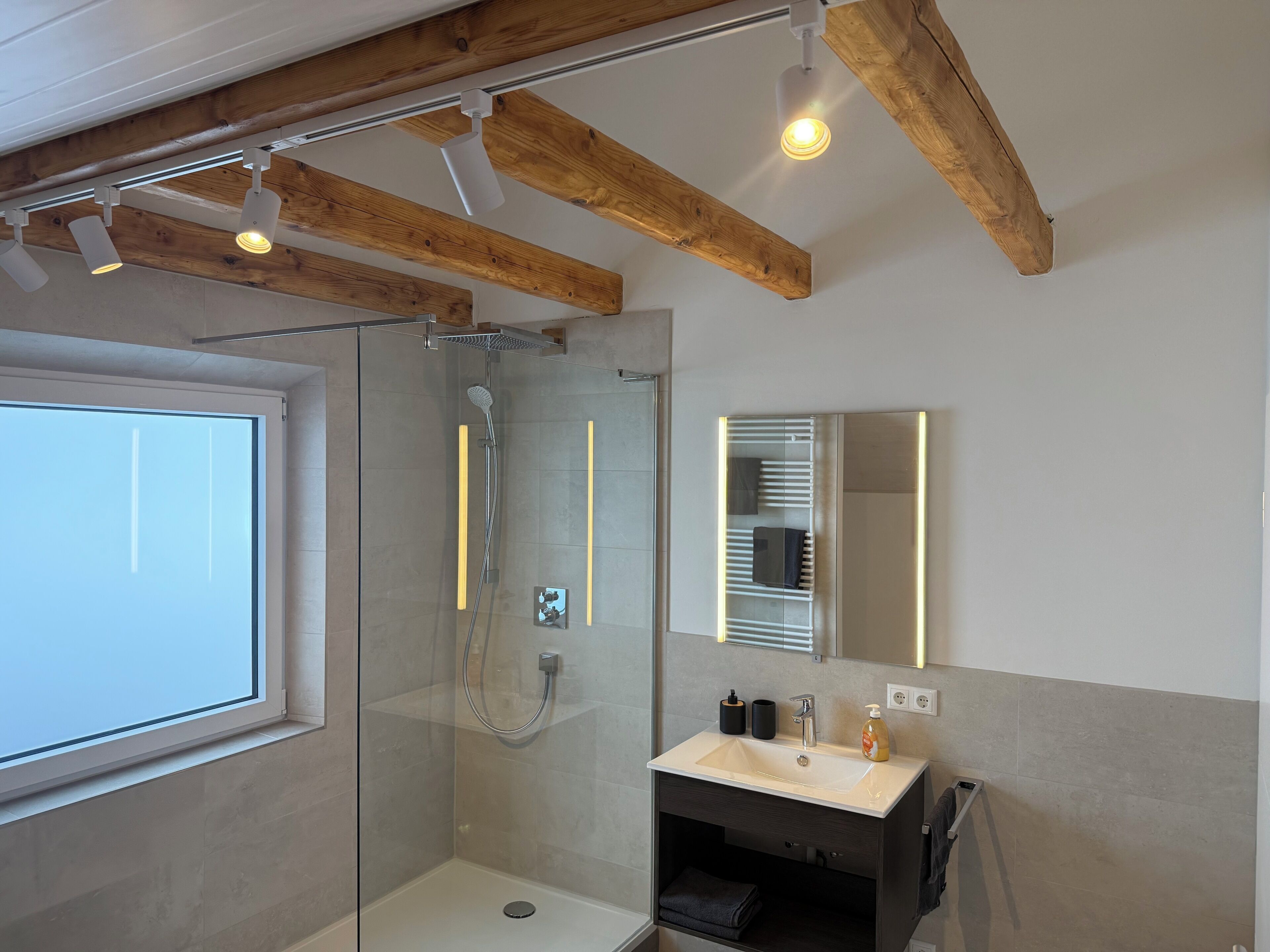 Dusche, Haartrockner, Handtücher, Seife