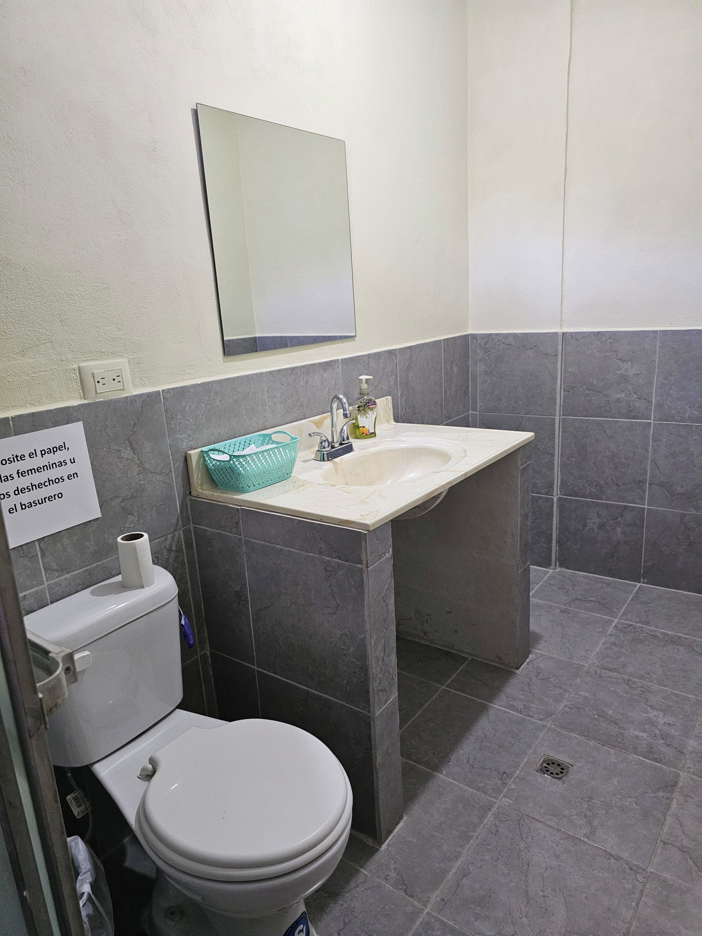 Et badeværelse med toilet, vask og spejl.