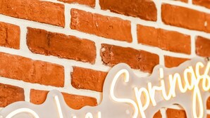 A brick wall with a neon sign spelling 'Palm Springs.' - Palm Springs - Studio Design & Lumineux in Malo Proche Plage (Dunkerque)