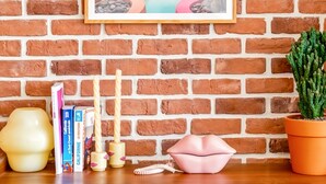 A framed picture of a pool on a brick wall, a wooden shelf with books, candles, a pink lip-shaped container, and a potted plant. - Palm Springs - Studio Design & Lumineux in Malo Proche Plage (Dunkerque)