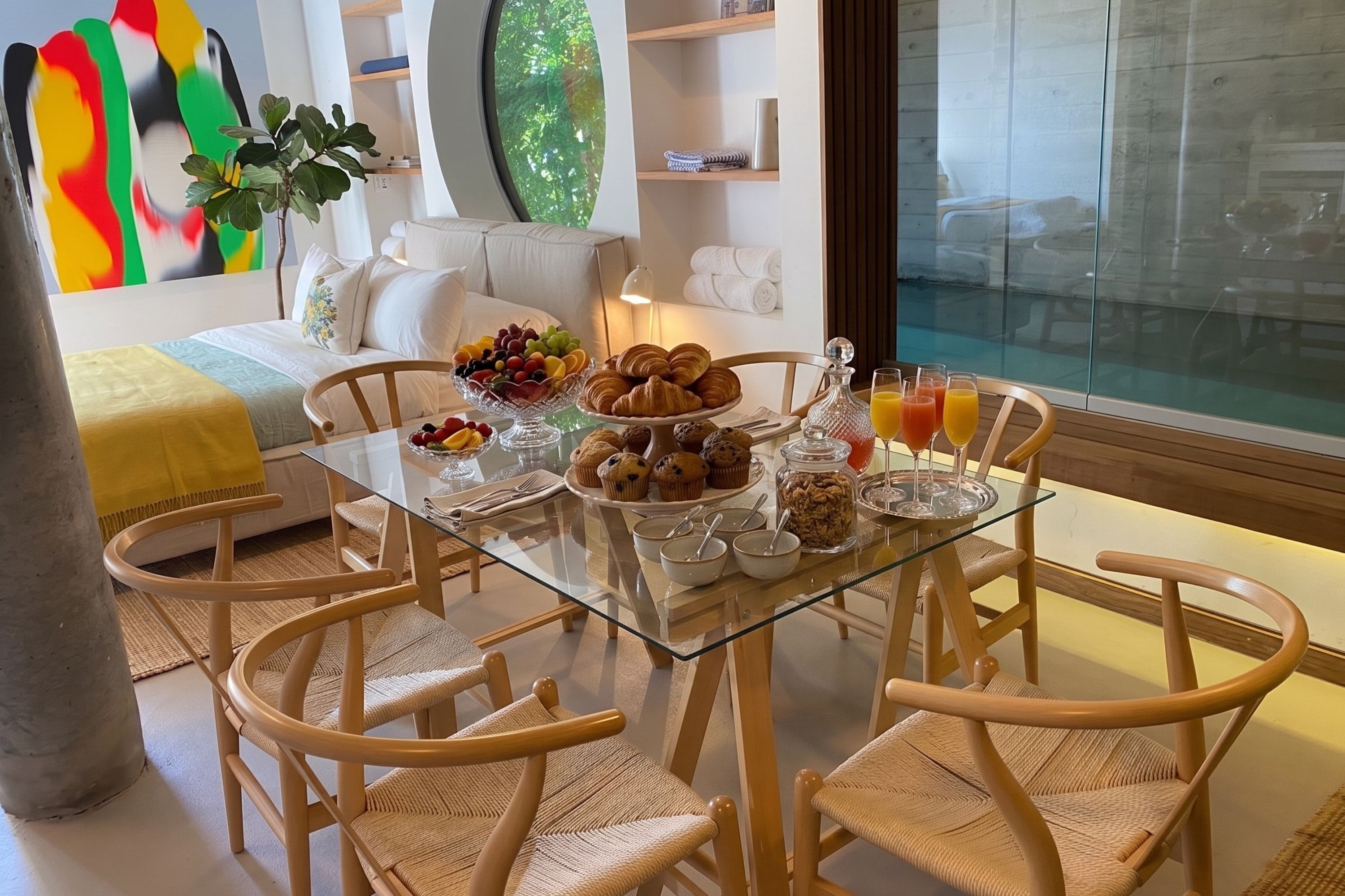 A dining area with a glass table, wicker chairs, breakfast items, and a view of a green outdoor area.