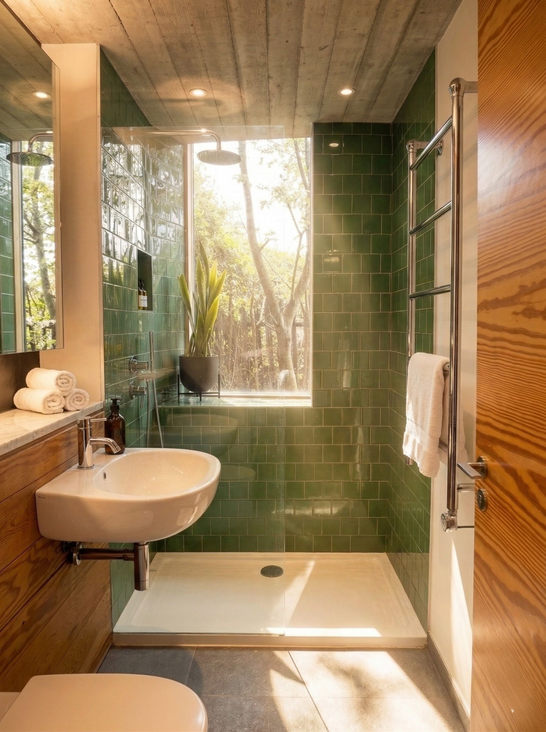 A modern bathroom with a sink, mirror, shower, and a window with a view of trees.