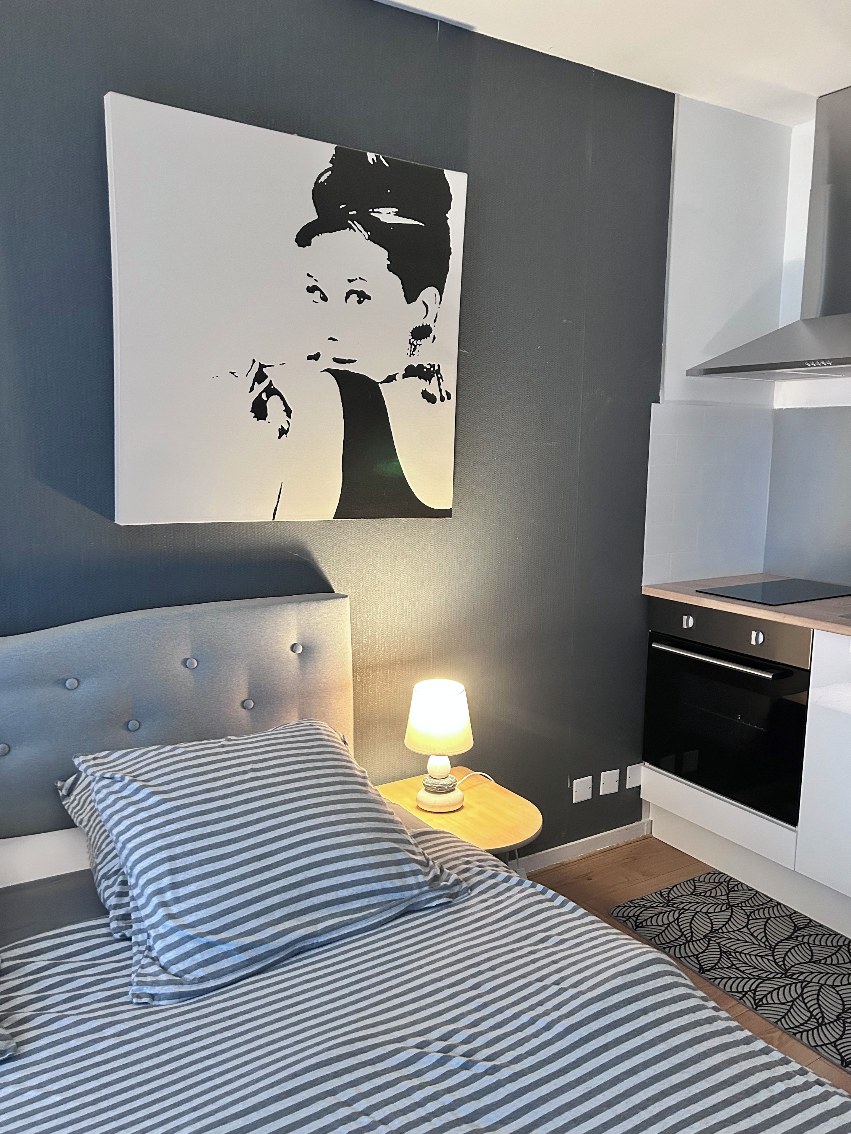 A bedroom with a bed, a bedside lamp, a wall-mounted artwork, and a kitchen area with a stove.