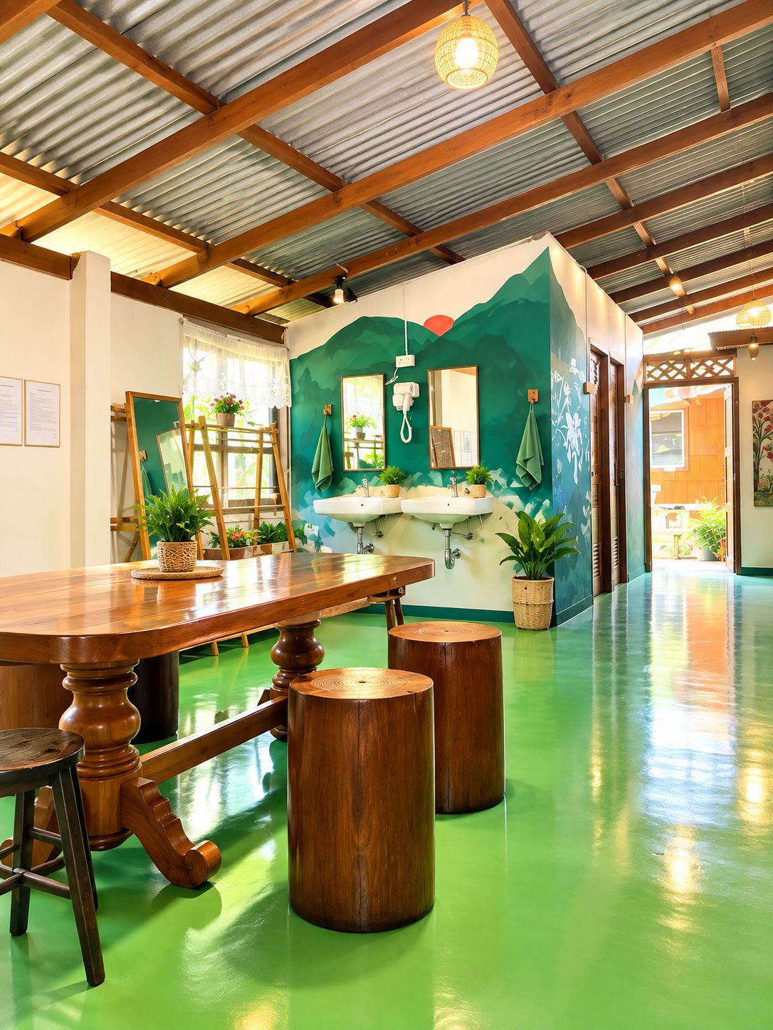 Un comedor con mesa de madera y taburetes, suelo verde y pared con un mural de montañas.