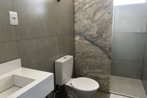 Shower, towels, soap, shampoo