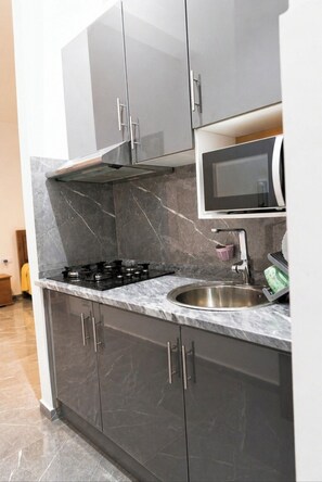 Mini-fridge, microwave, stovetop, cookware/dishes/utensils