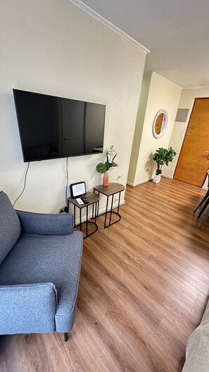 A modern living room with a flat-screen TV, a grey sofa, a small table with a laptop, and a potted plant. - Spacious apt. 2 bedr. Fully equipped downtown Stgo. (Santiago)