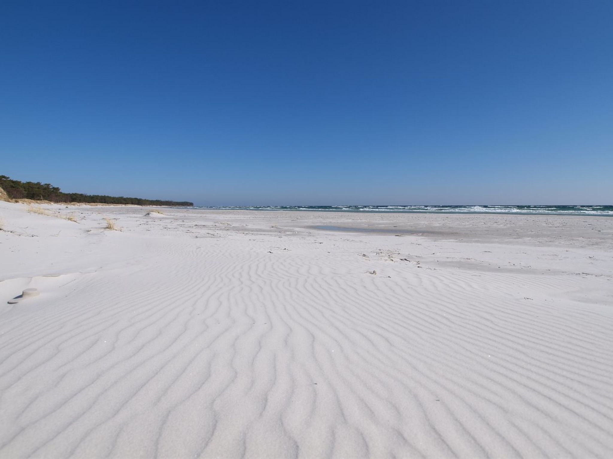 A sandy beach with gentle waves, a clear sky, and sparse vegetation.