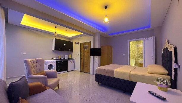 A compact living space with a sofa, a bed, a television, a kitchen area, and a window.