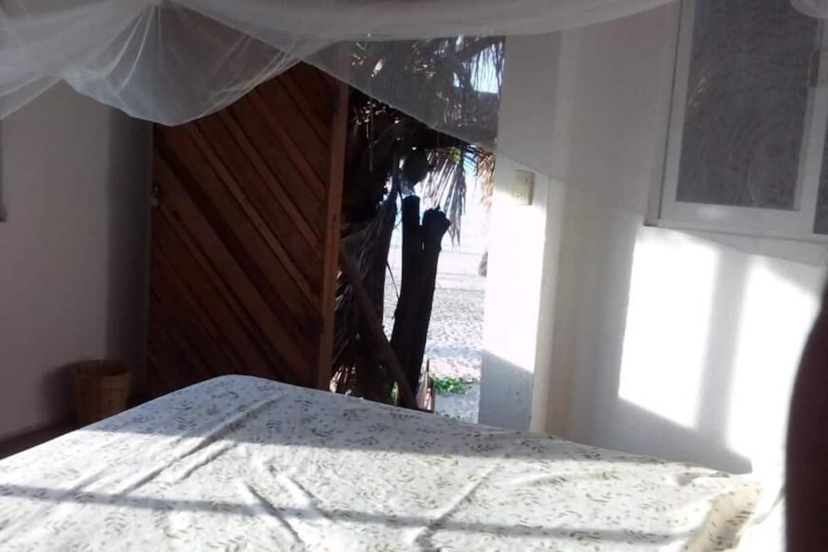 A room with a bed, a chair, a window, and a door.